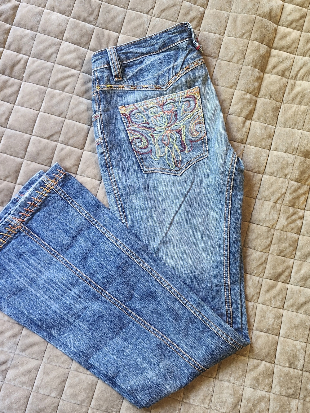 Antik Denim Blue Jeans with Embroidered Accents